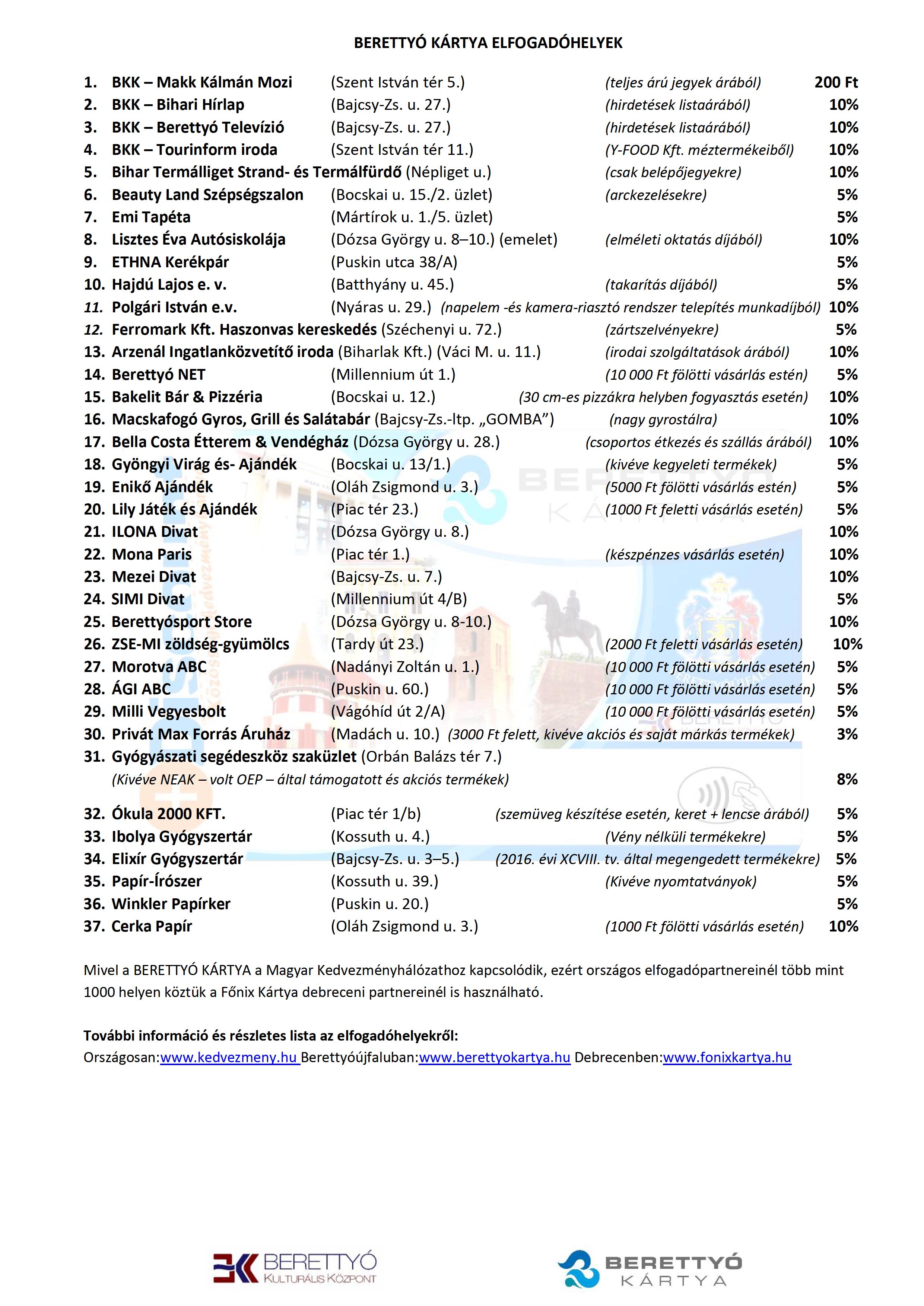 Berettyo Kartya elfogadohelyek